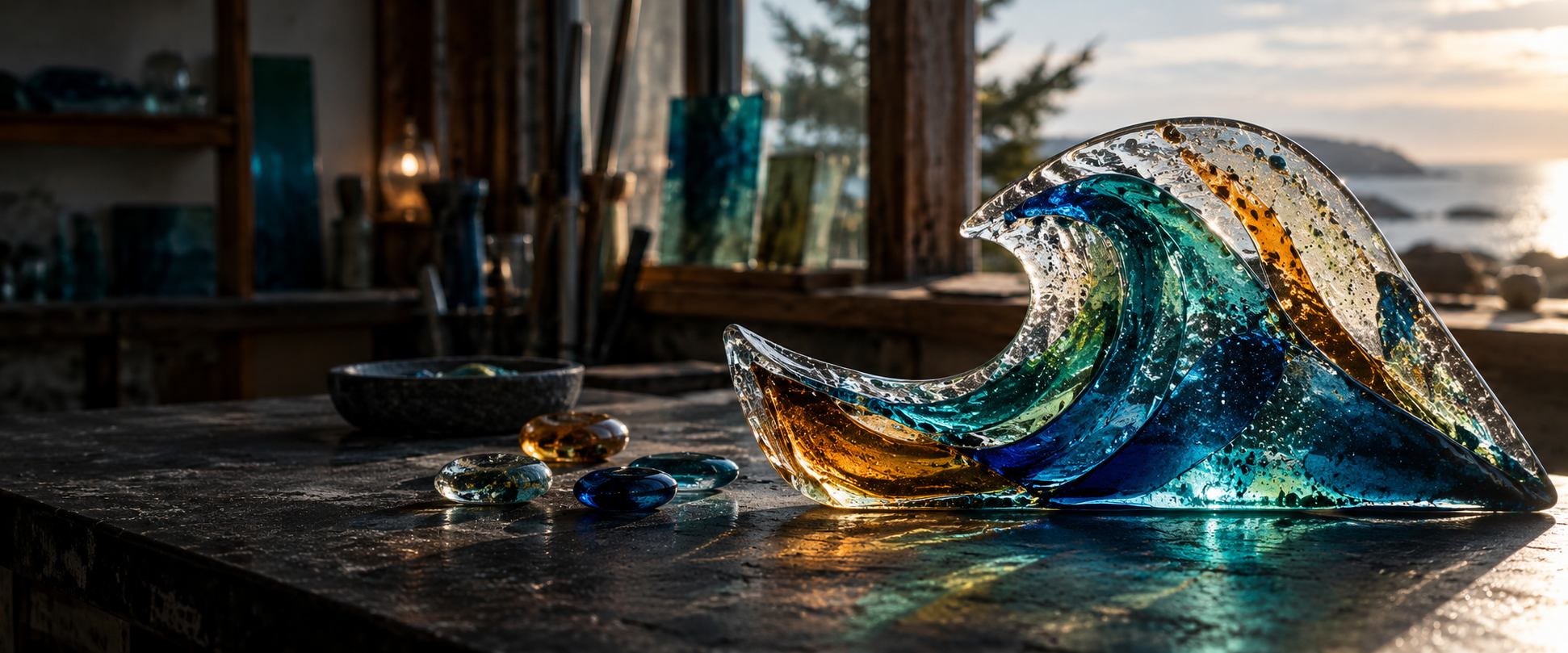 Handcrafted teal, cobalt and amber fused-glass wave in a coastal studio